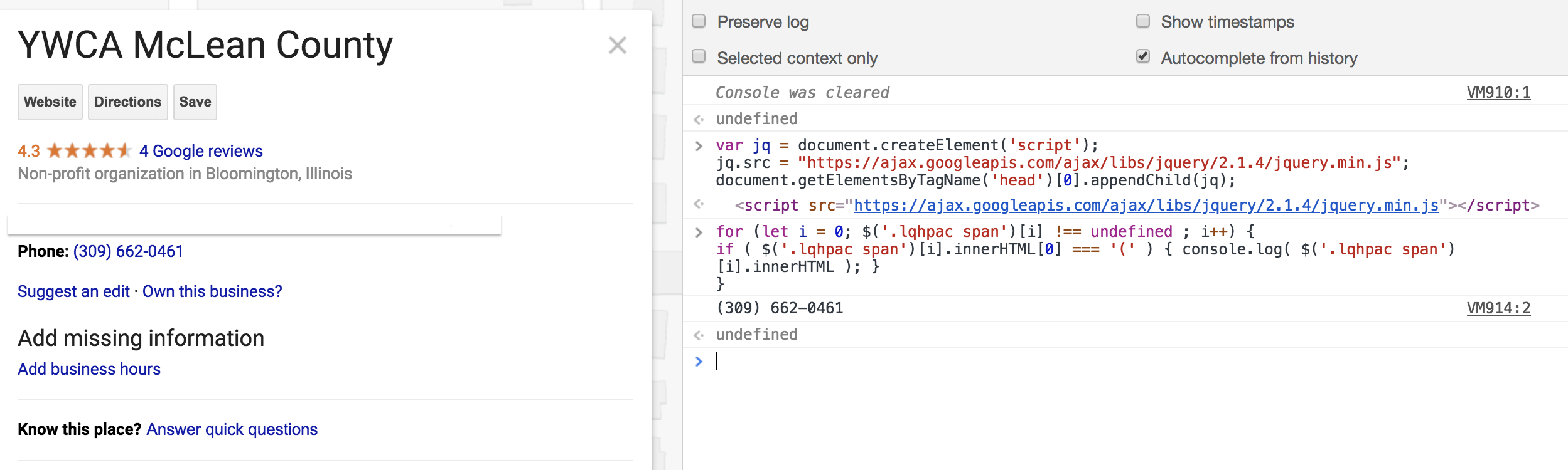 Using jQuery in the Chrome console to scrape the search for the phone numbers